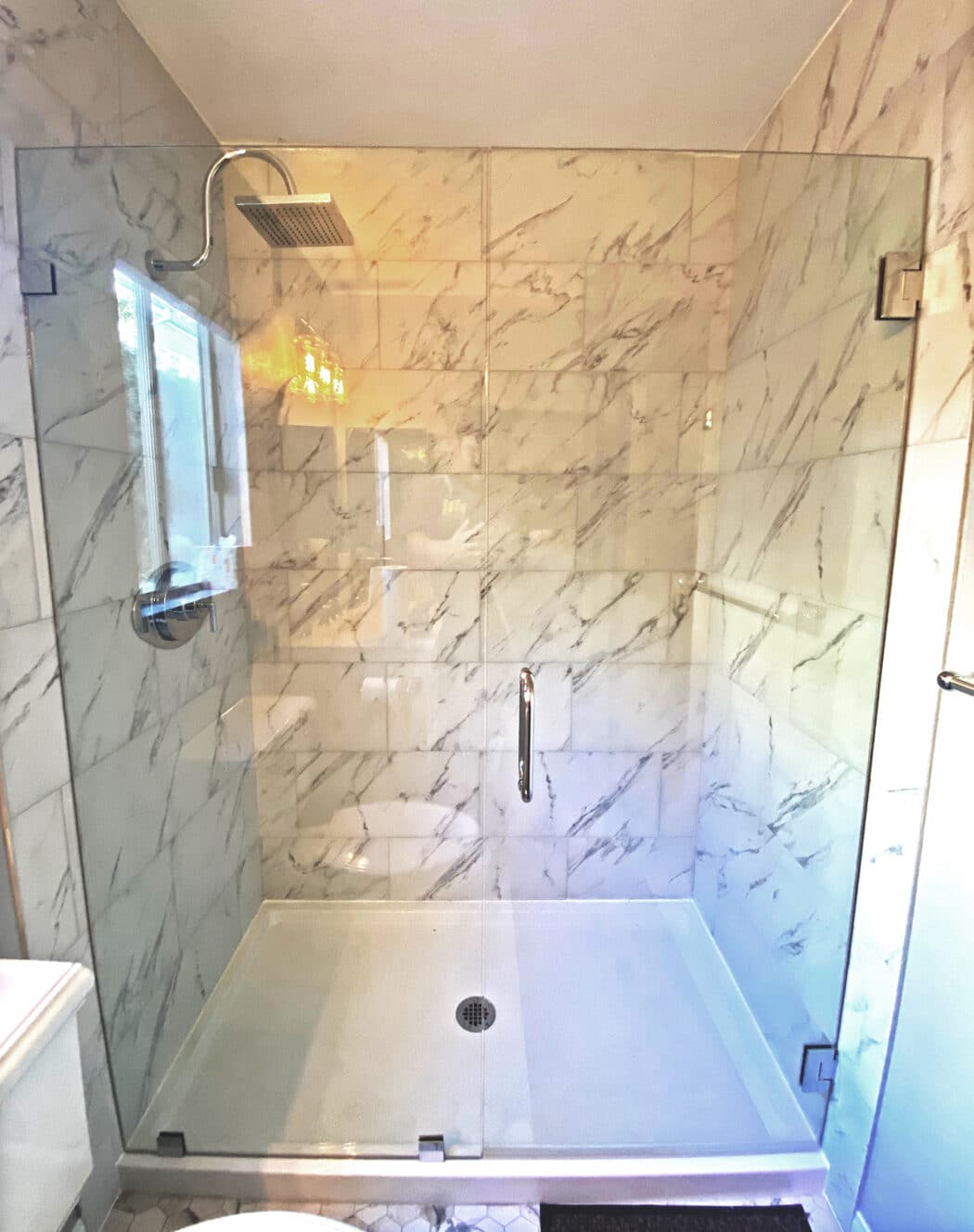 Hinged frameless shower door + fixed panel &mdash; chrome &mdash; Dana Point
