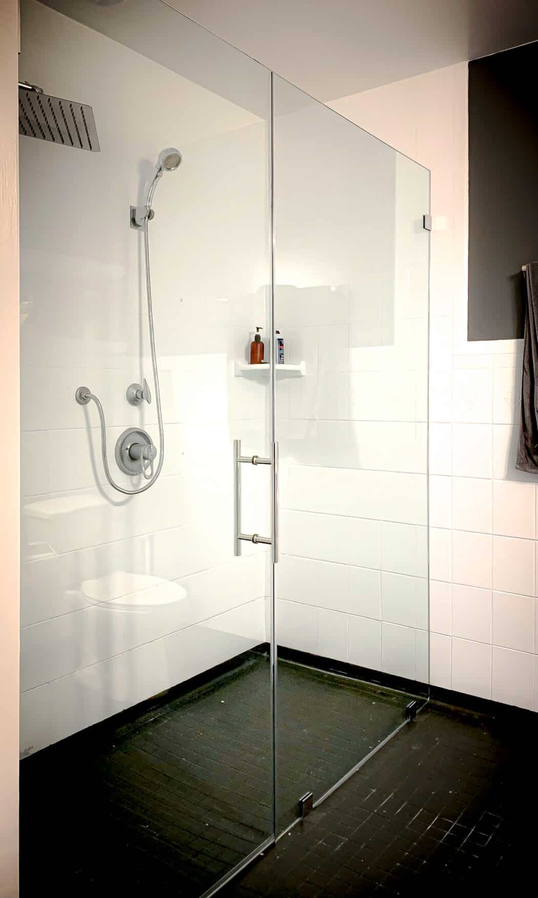 Hinged frameless shower door + fixed panel &mdash; chrome &mdash; ladder handle - san juan capistrano