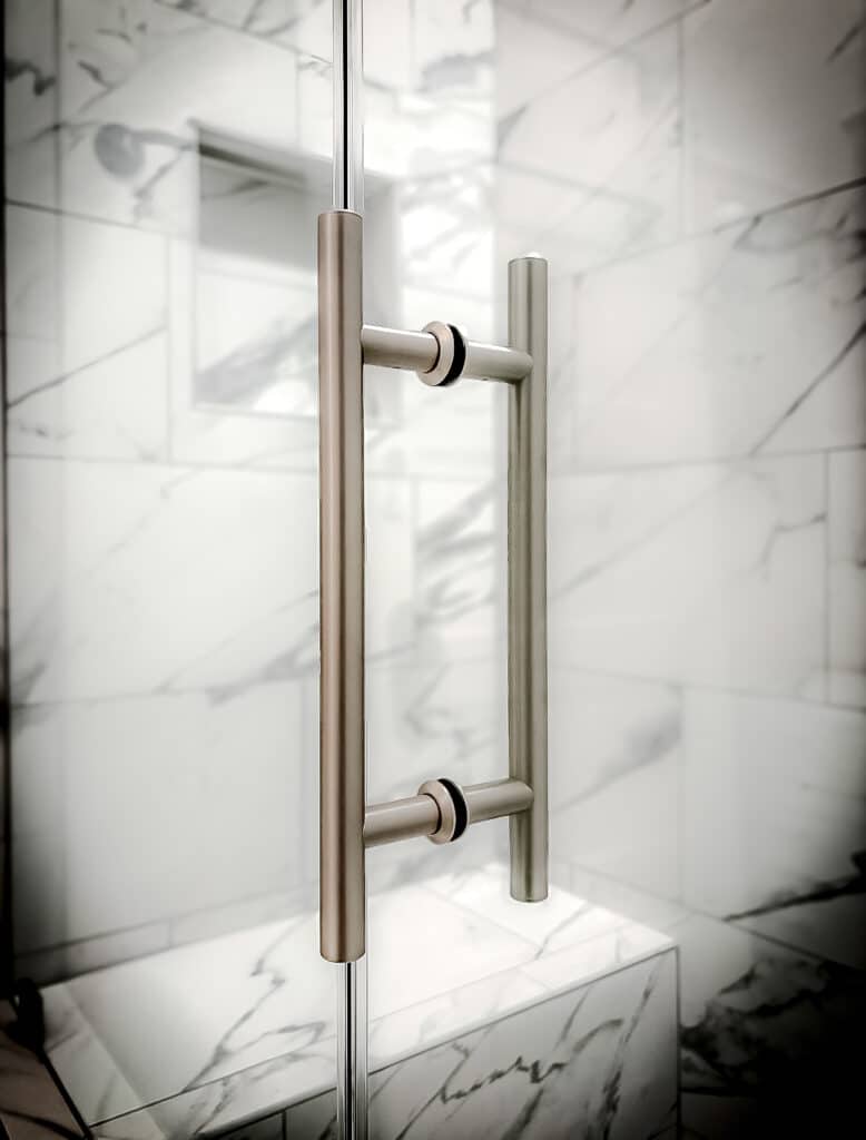 frameless glass shower door ladder handle style in brushed nickel