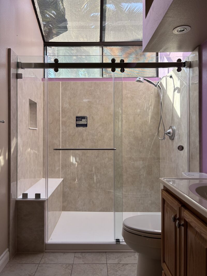 Inline double Euroglide sliding shower enclosure installed in Huntington Beach
