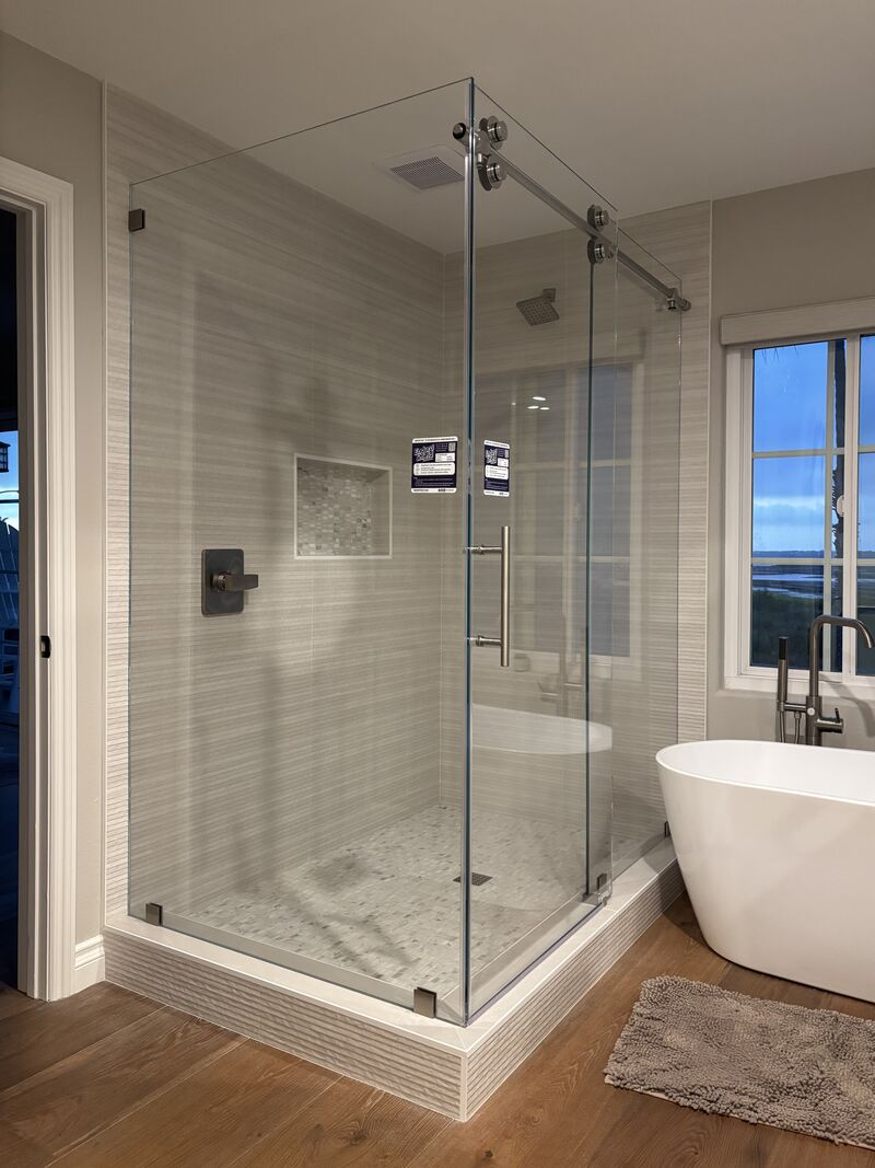 Opti-White low-iron Euro90 shower enclosure with a 155-pound support panel installed in Huntington Beach