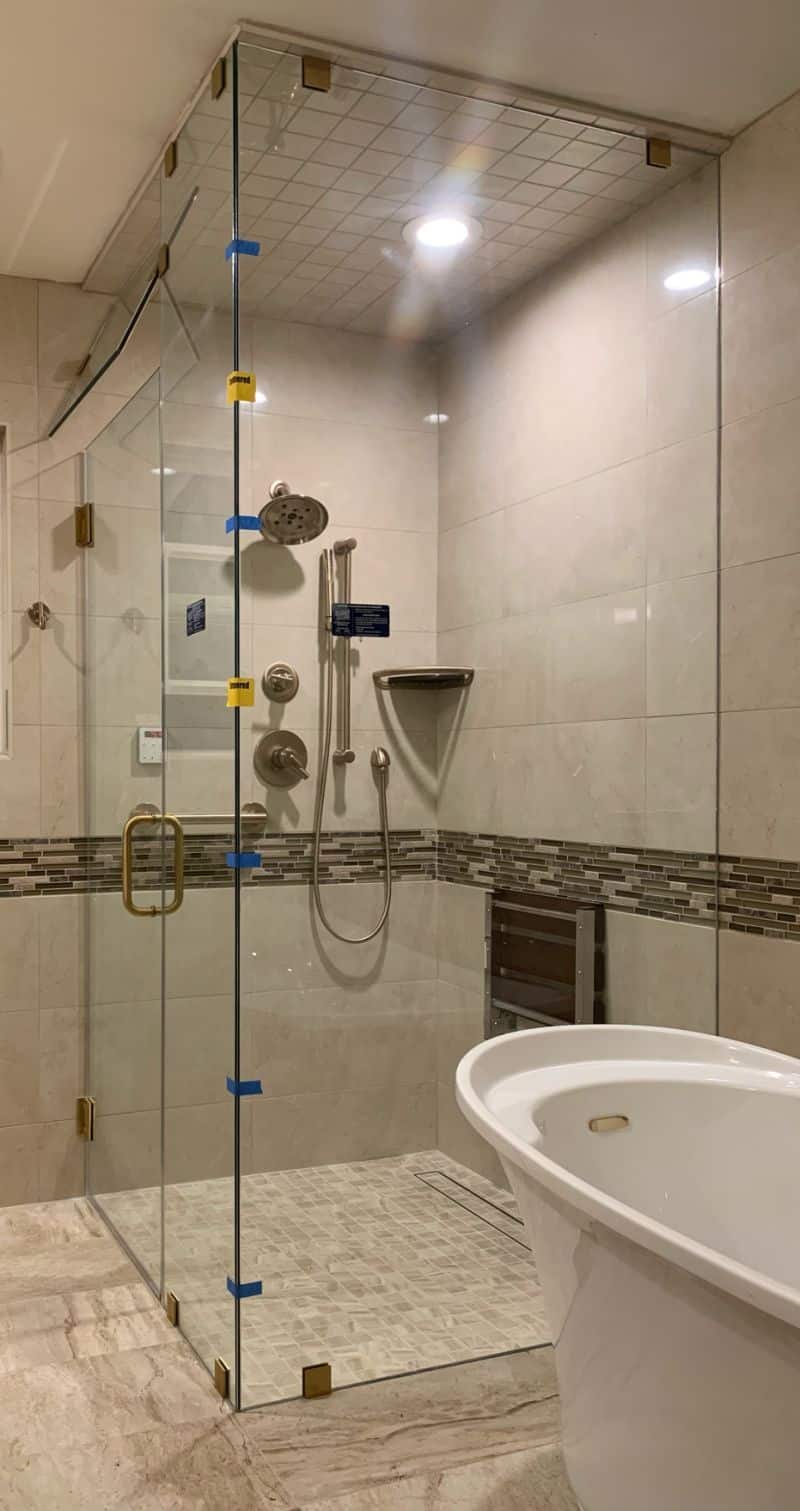 Floor-to-ceiling steam shower enclosure with transom in Belmont Shore, Long Beach